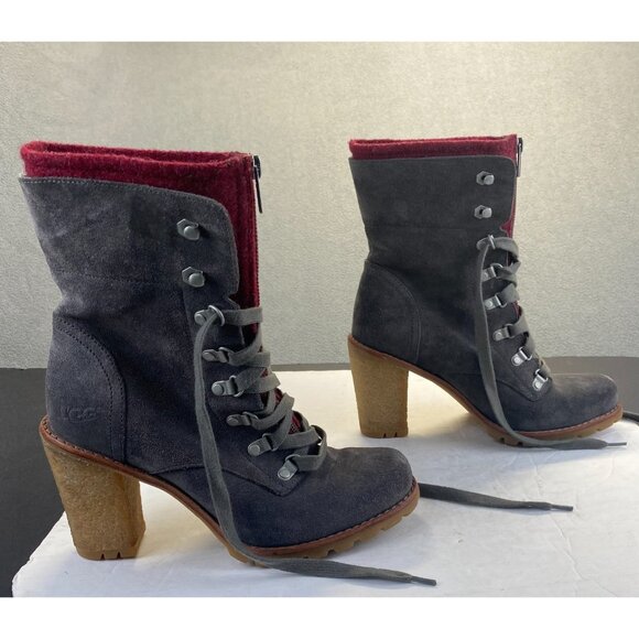 UGG Australia Boots Women sz 8 gray/burgundy zip Lace Up Combat Heel Ladies - Picture 2 of 16